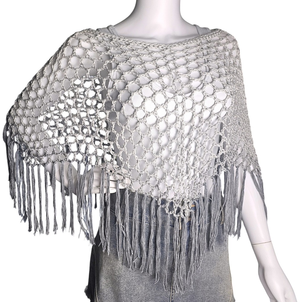 Handmade Crochet Shawl Women Gray Ombre Fringe Cotton Boho Poncho - Picture 6 of 10